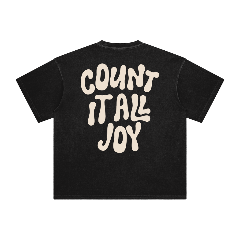 Black t-shirt with 'COUNT IT ALL JOY' text on the back against a white background