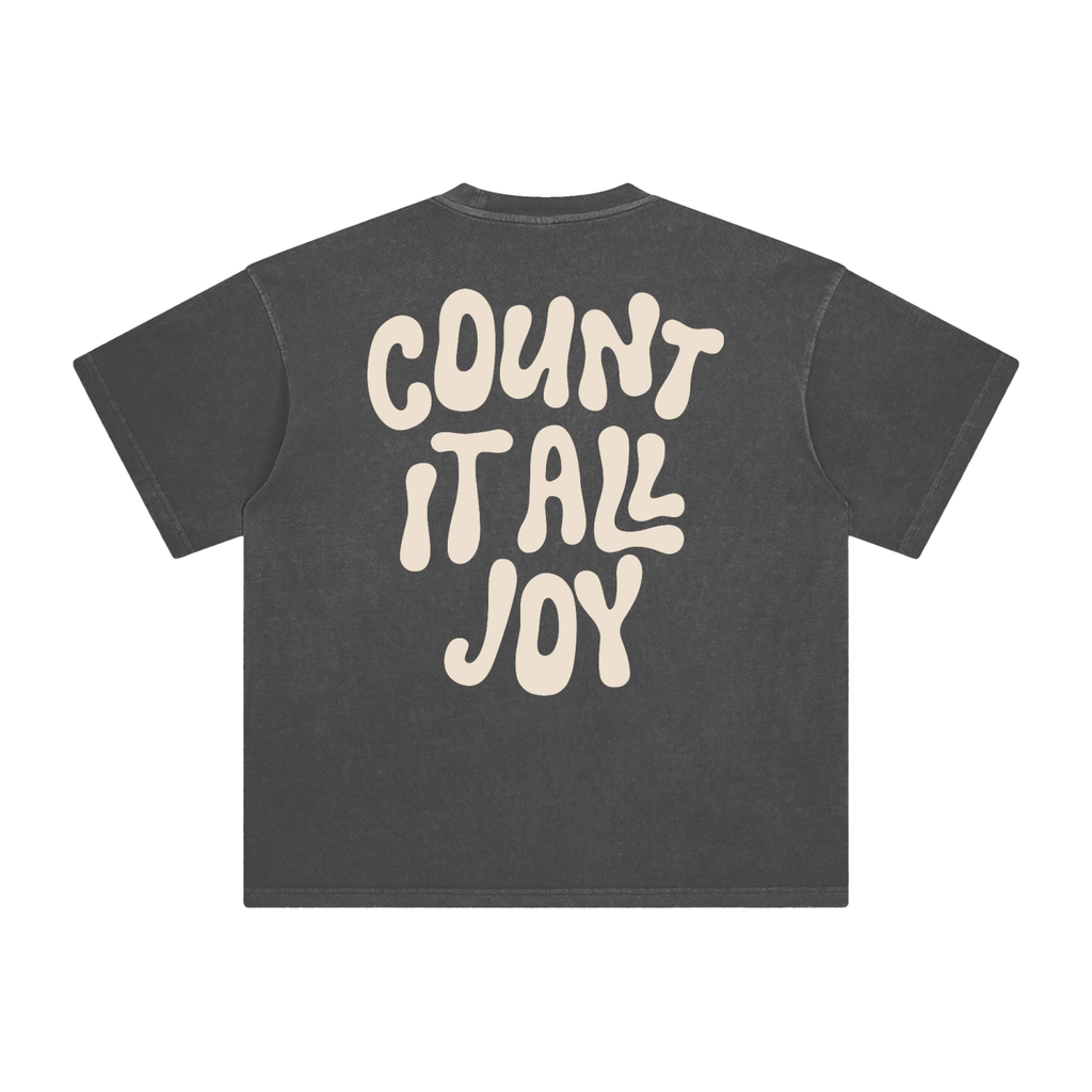 Gray t-shirt with 'COUNT IT ALL JOY' text on the back against a white background