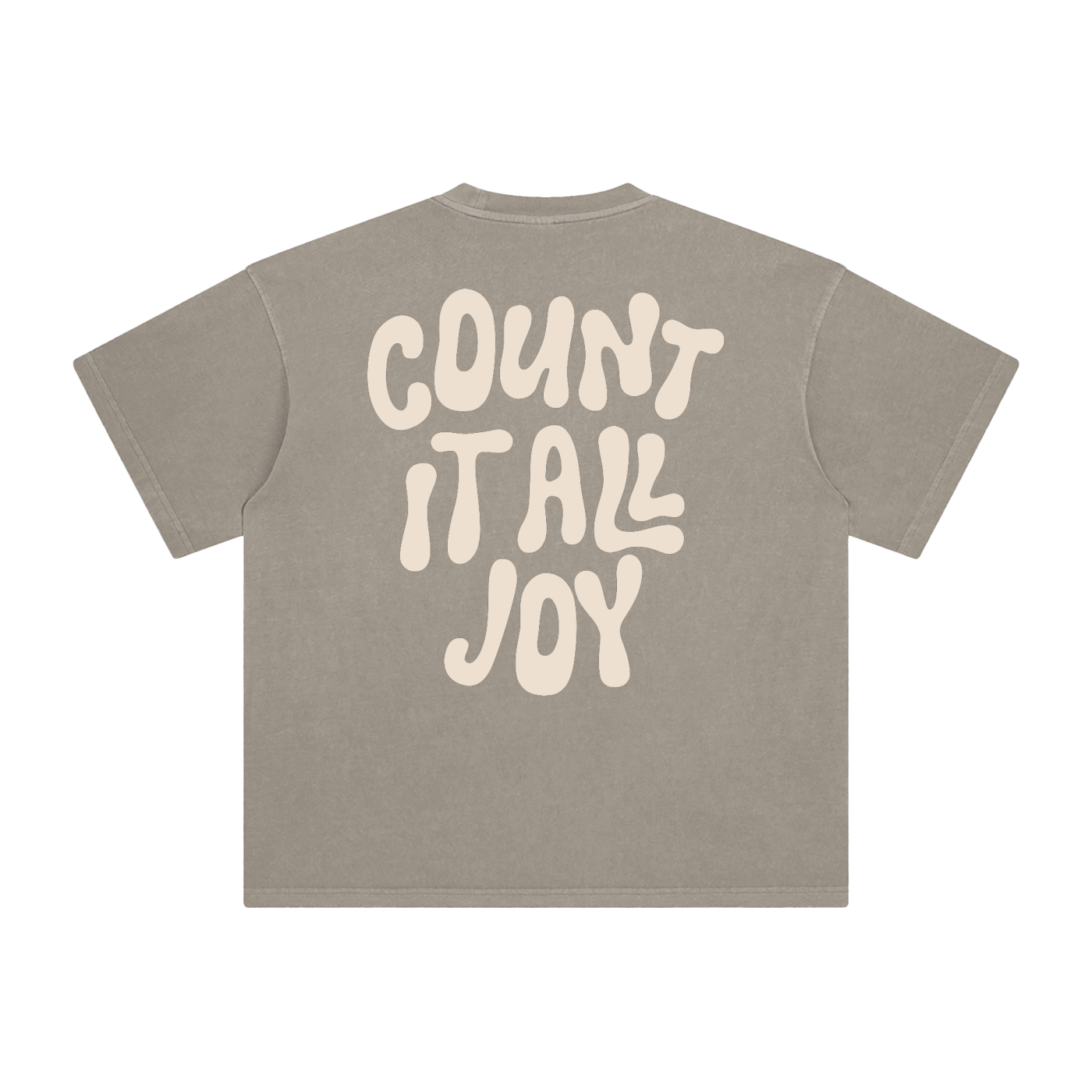 Beige t-shirt with 'COUNT IT ALL JOY' text on a white background
