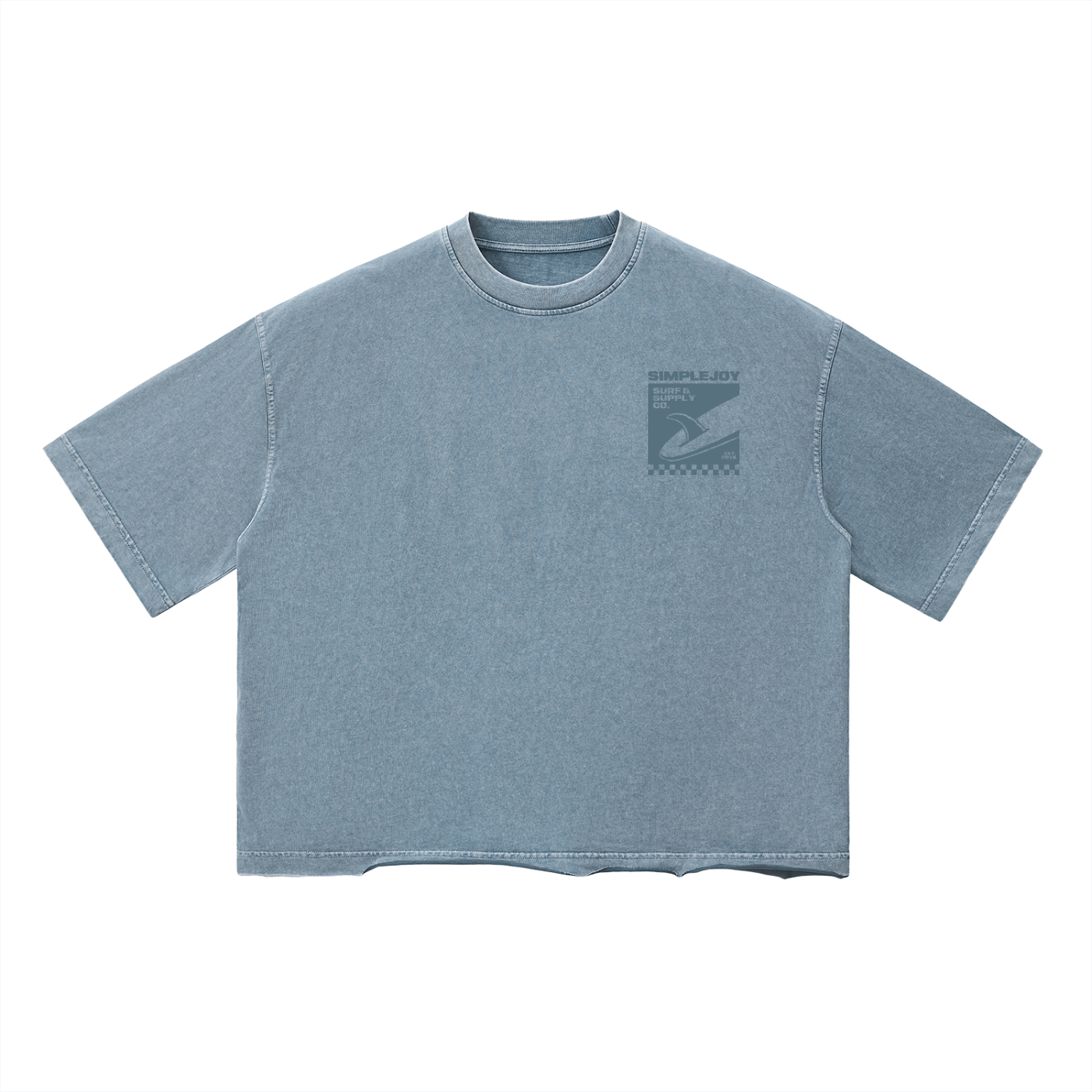 A washed light blue short-sleeve t-shirt with a dark gray graphic print on the left chest, displayed flat against a solid white background.