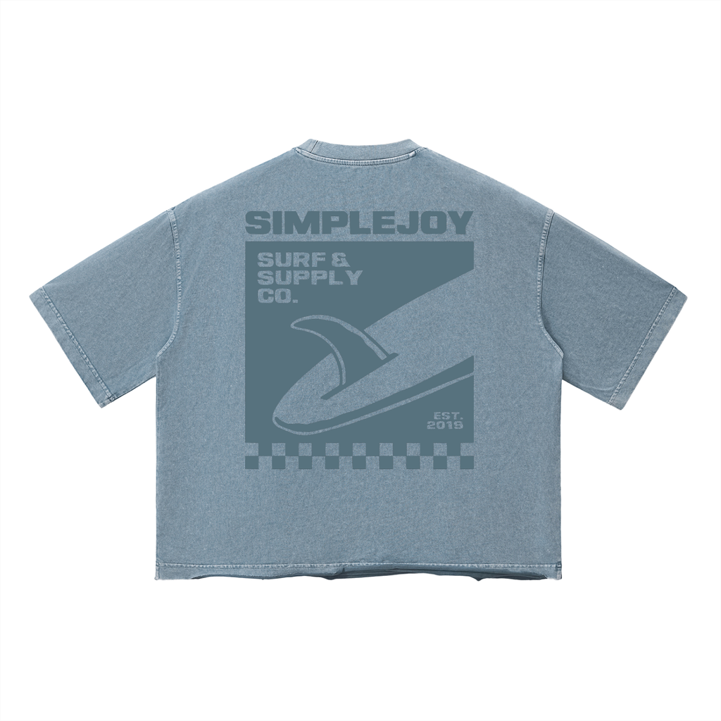 A washed light blue short-sleeve t-shirt with a dark gray graphic print on the back, displayed flat against a solid white background.