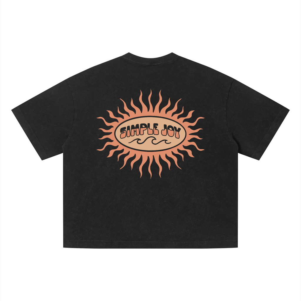 Black t-shirt with a sun design and text on the back against a white background