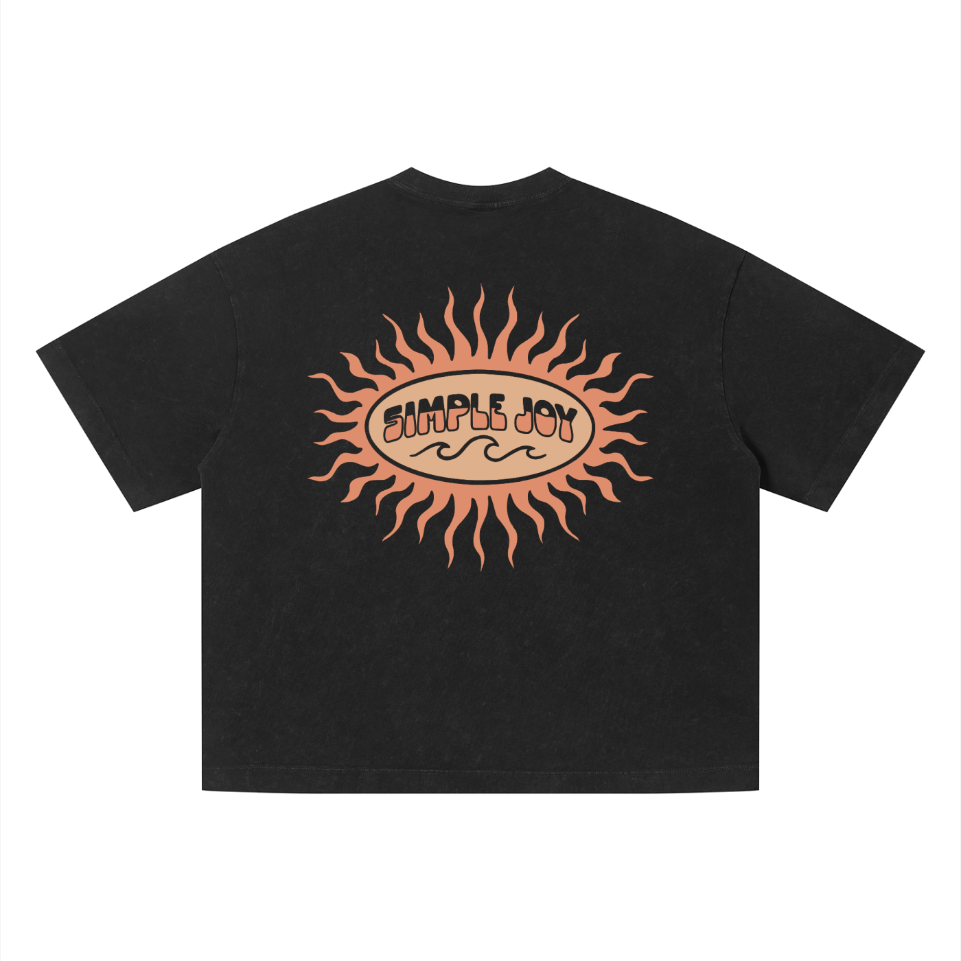 Black t-shirt with a sun design and text on the back against a white background