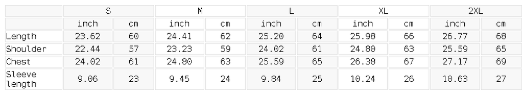 Measurement chart for clothing sizes in inches and centimeters